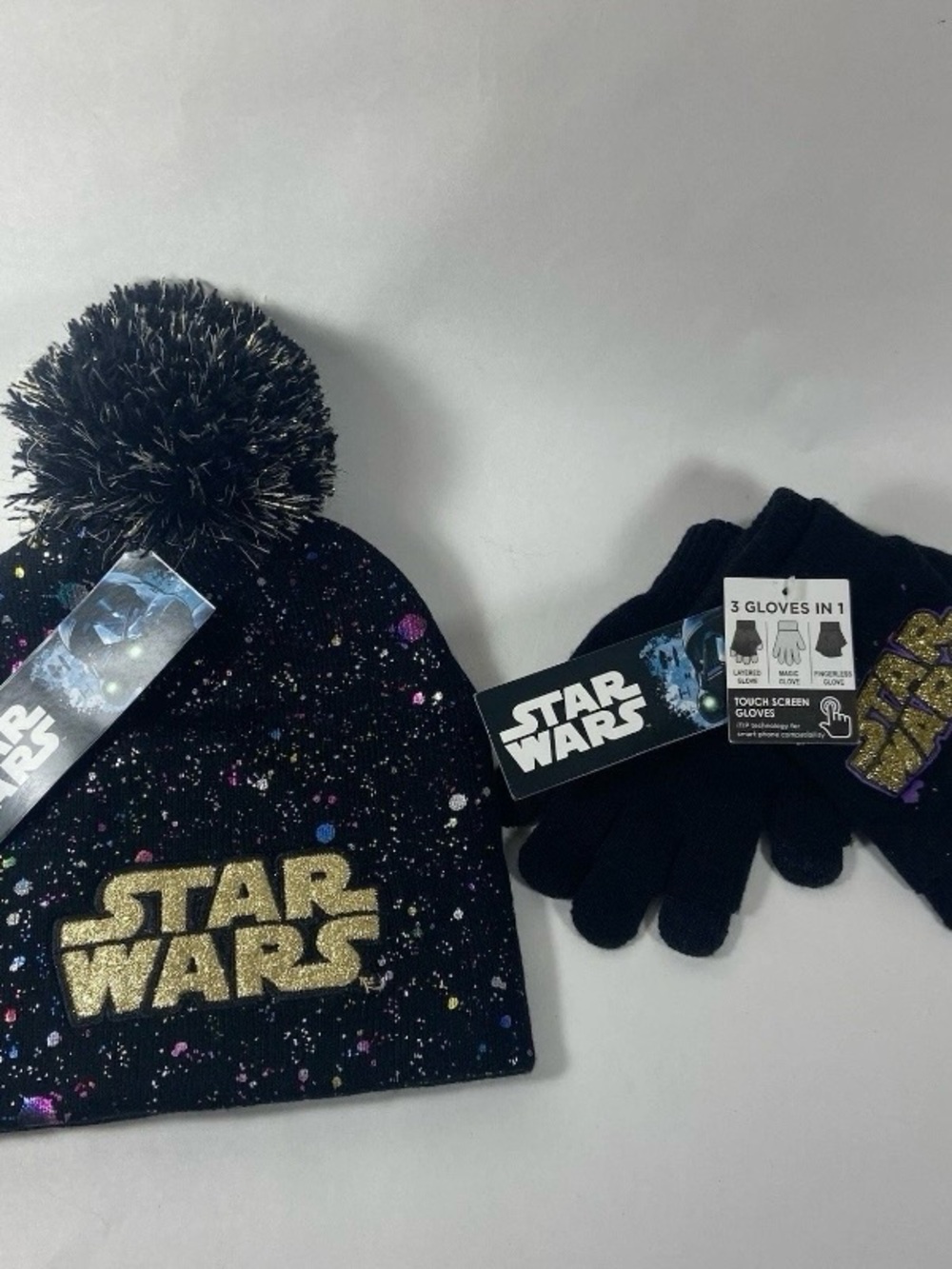 Star Wars Black Pom Beanie and Matching Black Gloves with Gold Logo